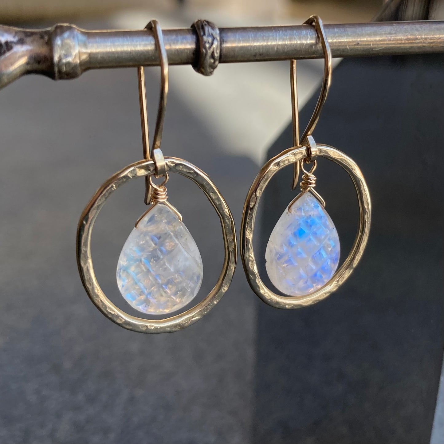 Rainbow Moonstone & Bronze Hoops