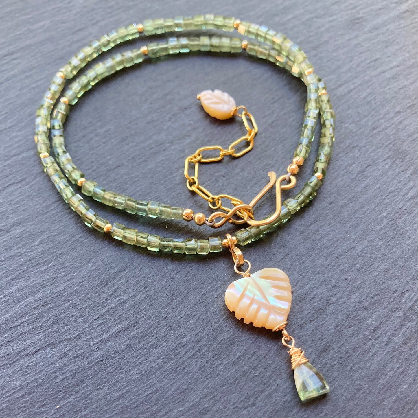 Mother of Pearl, Green Apatite & Gold Palm Heart Necklace