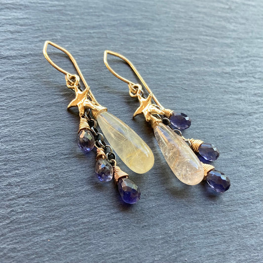 Golden Rutilated Quartz, Iolite & Mixed Metal Autumn Sky Cascade Earrings
