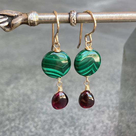 Malachite, Rhodolite & Gold Earrings