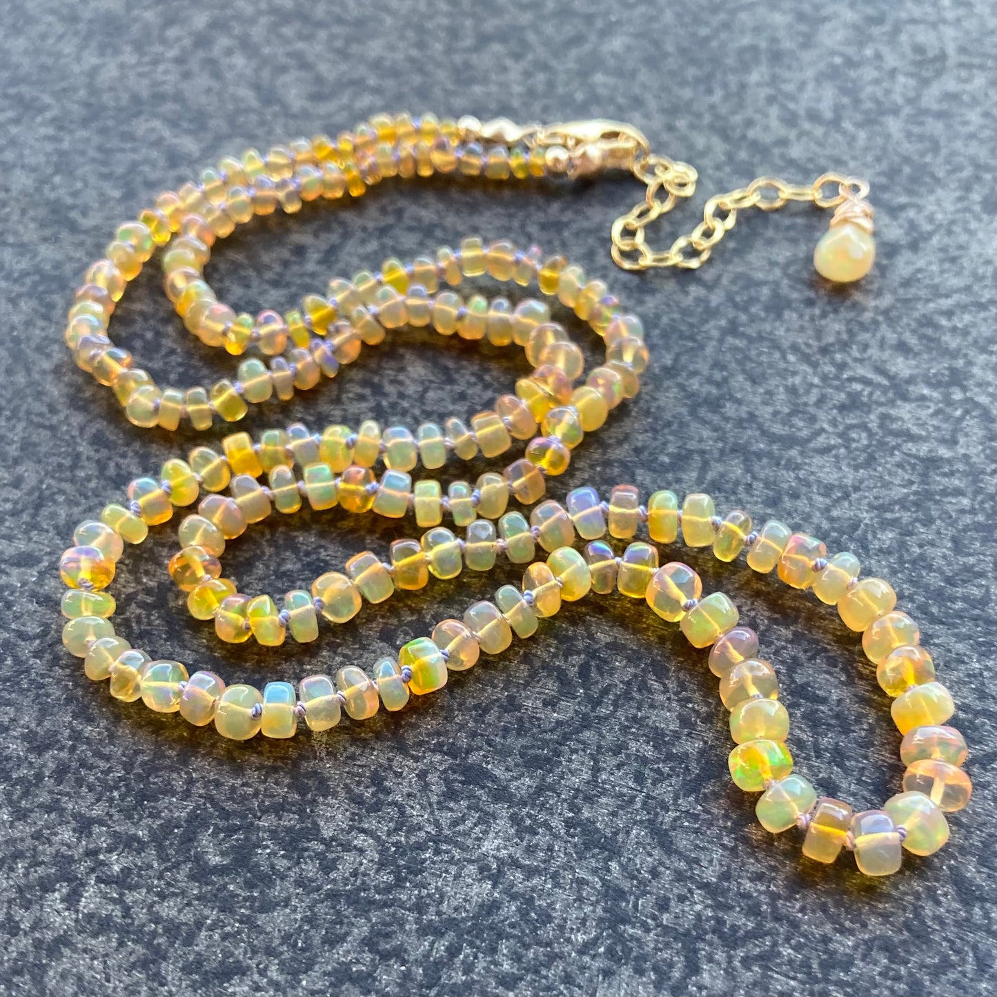 Ethiopian Golden Opal Hand Knotted Lilac Silk Necklace