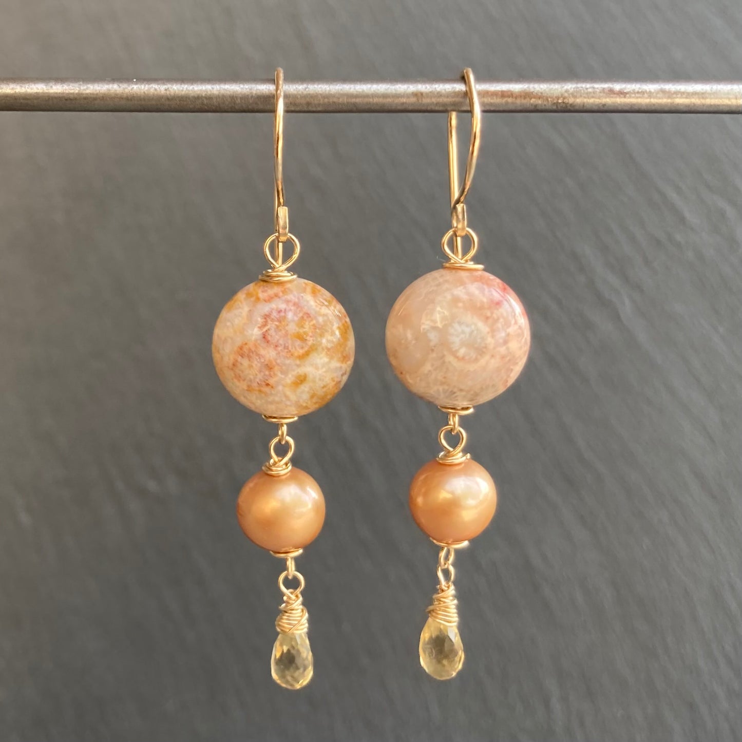 Fossil Coral, Champagne Pearl, Citrine & Gold Earrings