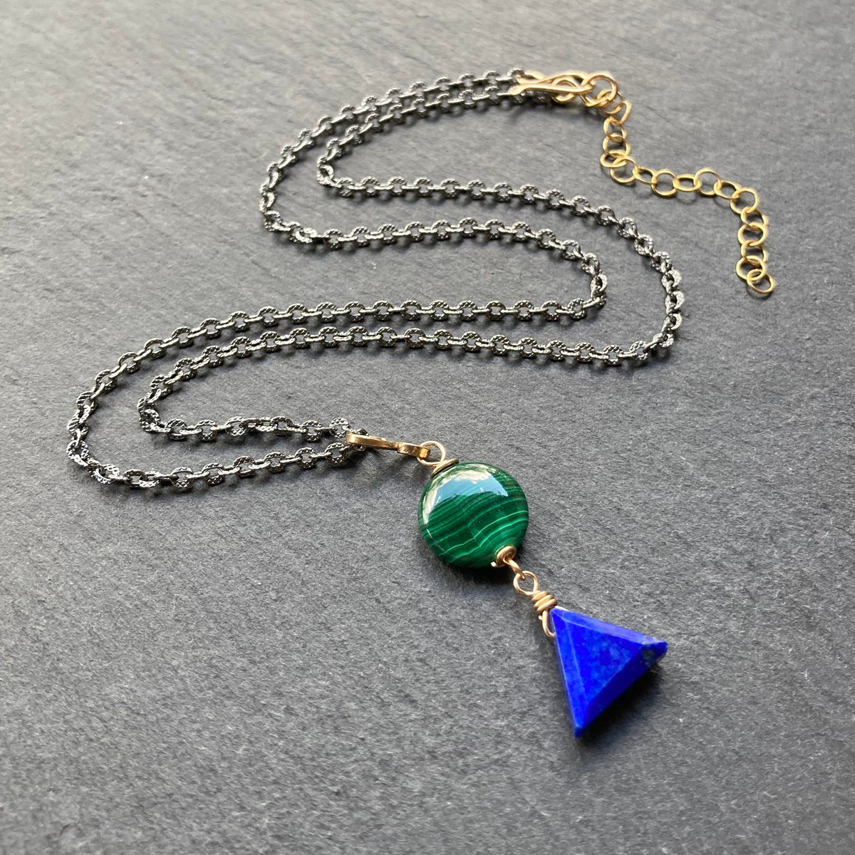 Lapis, Malachite & Mixed Metal Pendant Necklace