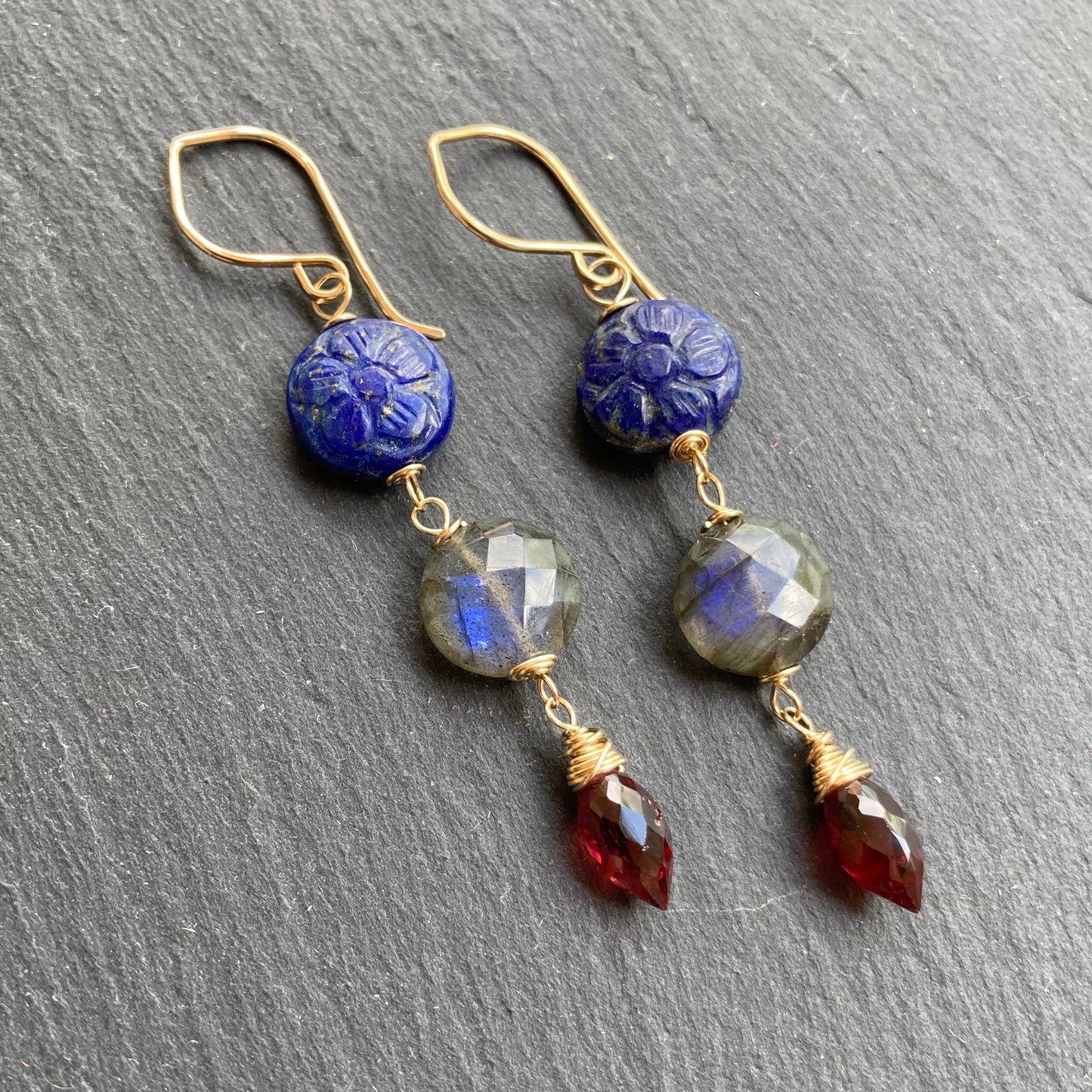 Lapis, Labradorite, Mozambique Garnet & Gold Earrings