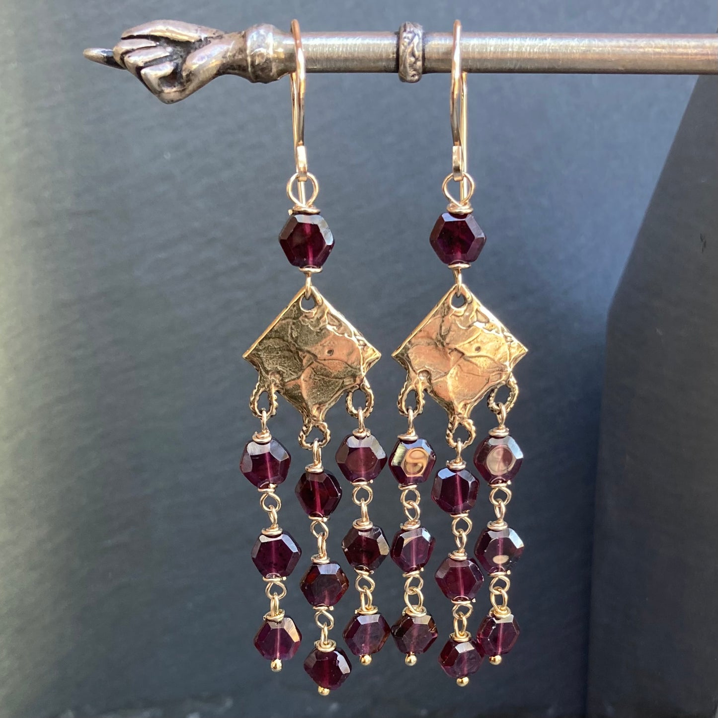 Rhodolite Garnet, Gold & Bronze Long Fringe Earrings