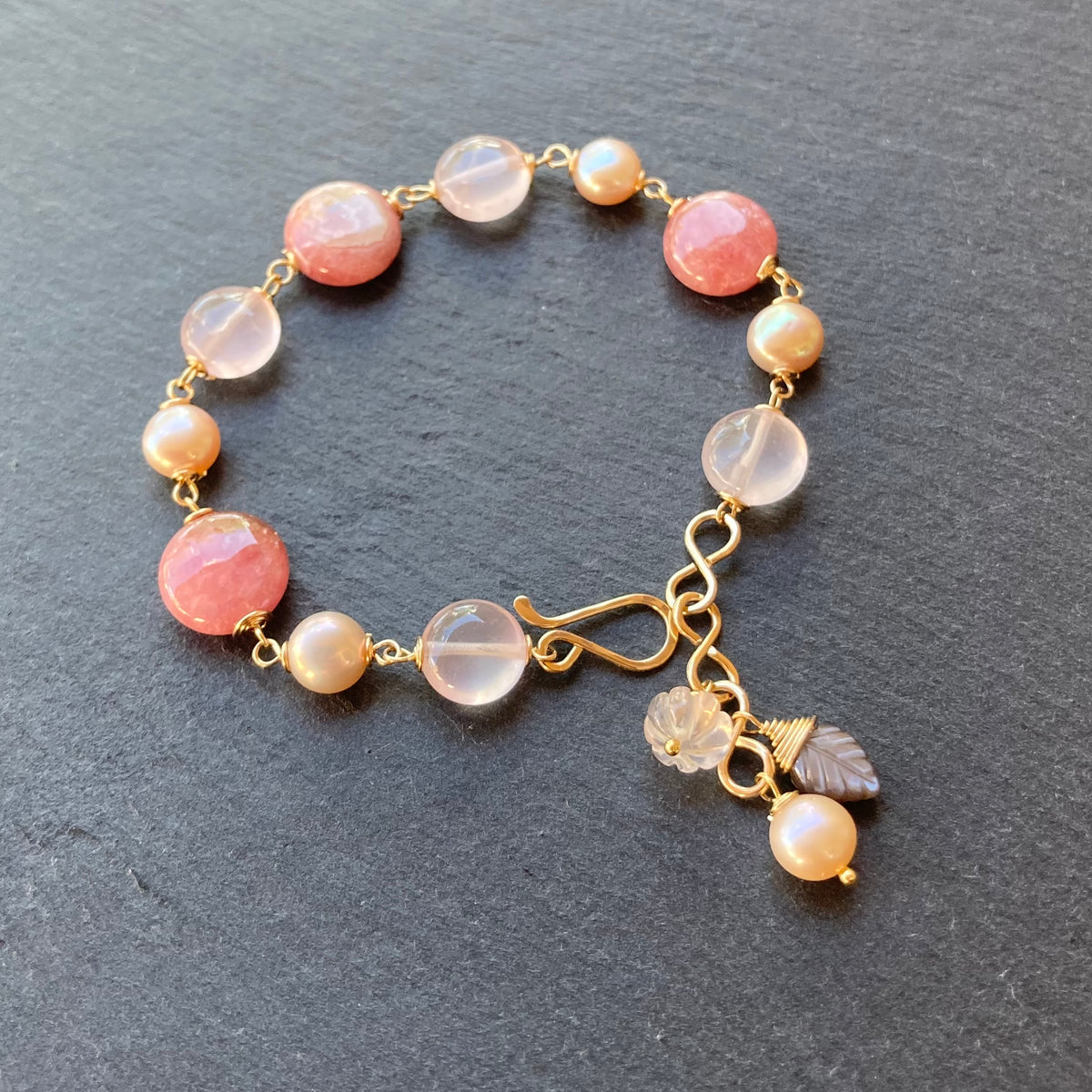 Rhodochrosite, Rose Quartz, Pearl & Gold Bracelet