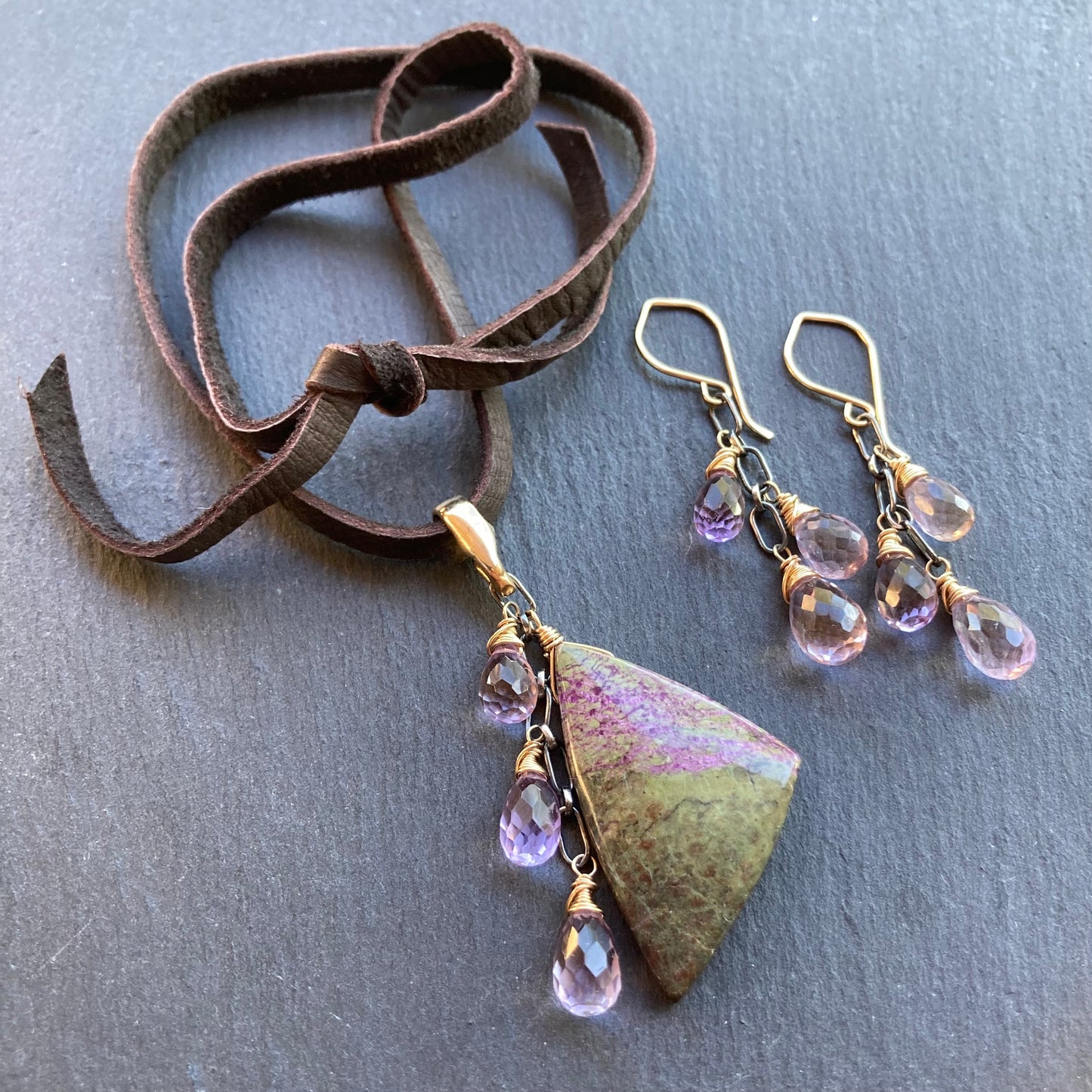 Atlantisite, Ametrine & Mixed Metal Deertan Leather Choker