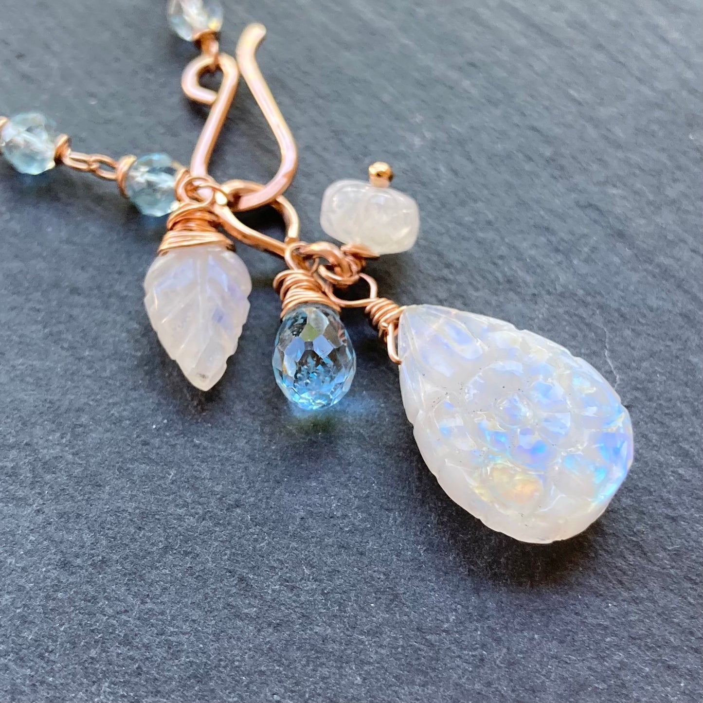 Blue Topaz, Rose Gold & Rainbow Moonstone Pendant Necklace