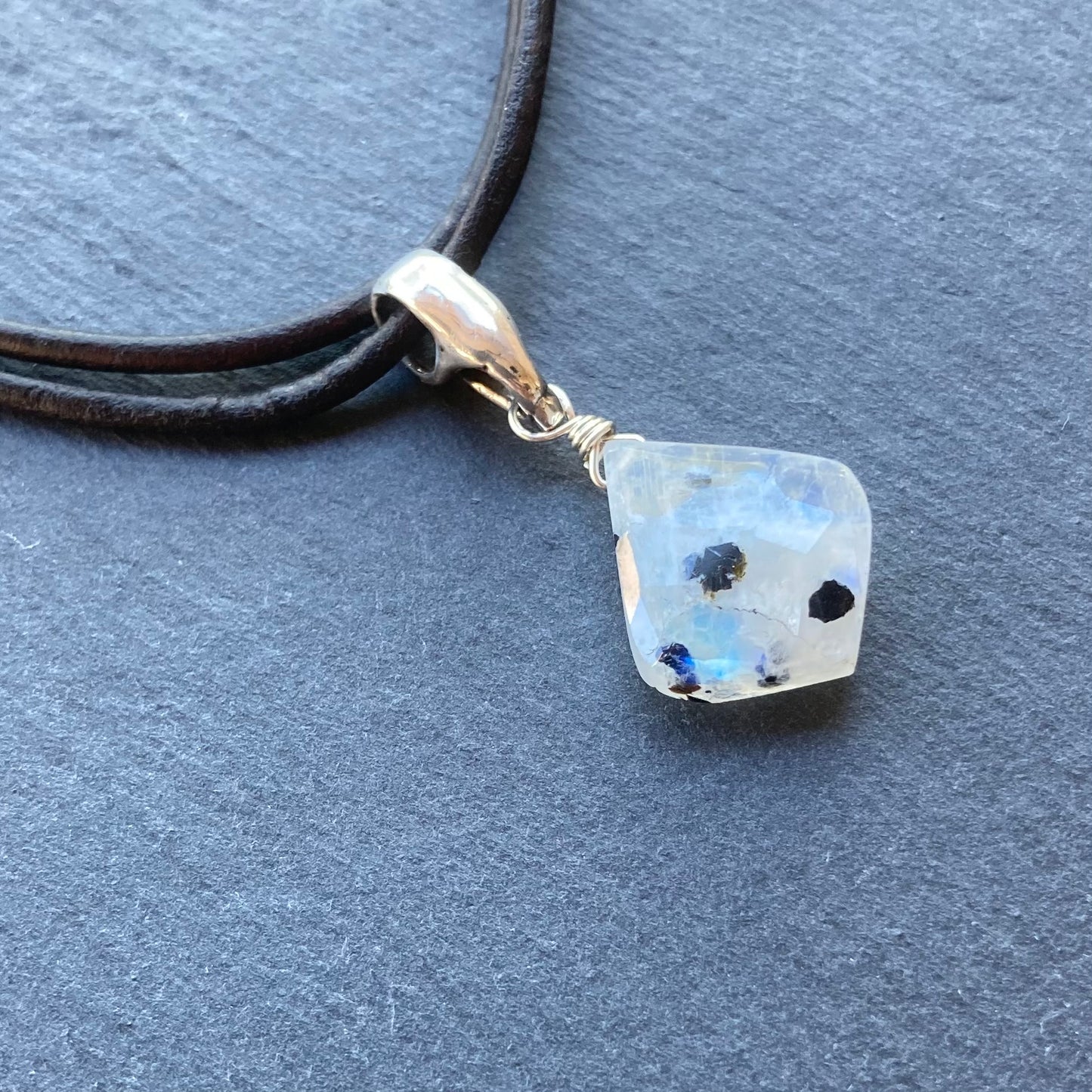 Tourmalinated Rainbow Moonstone & Sterling Silver Leather Choker