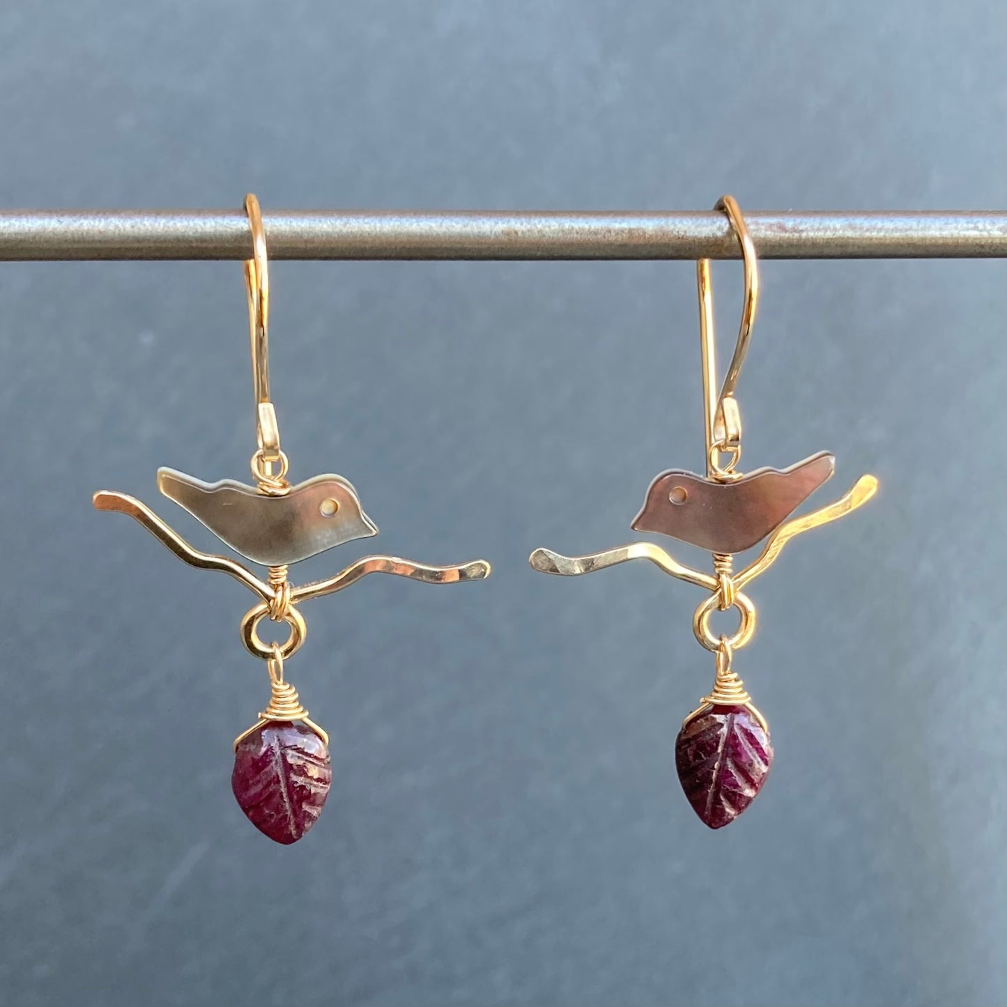Natural Ruby, Black Mother of Pearl & Gold Plum Branch Earrings