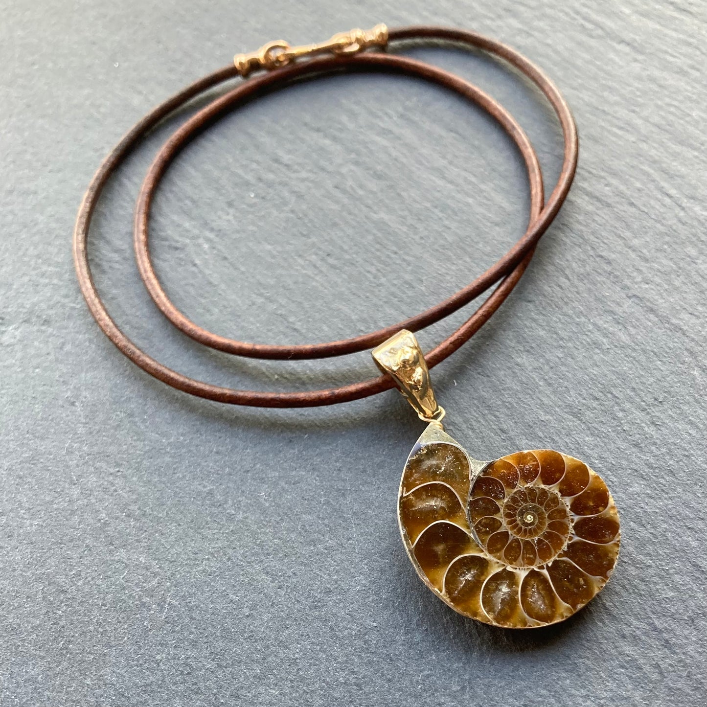 Natural Ammonite & Bronze Leather Choker (right facing)