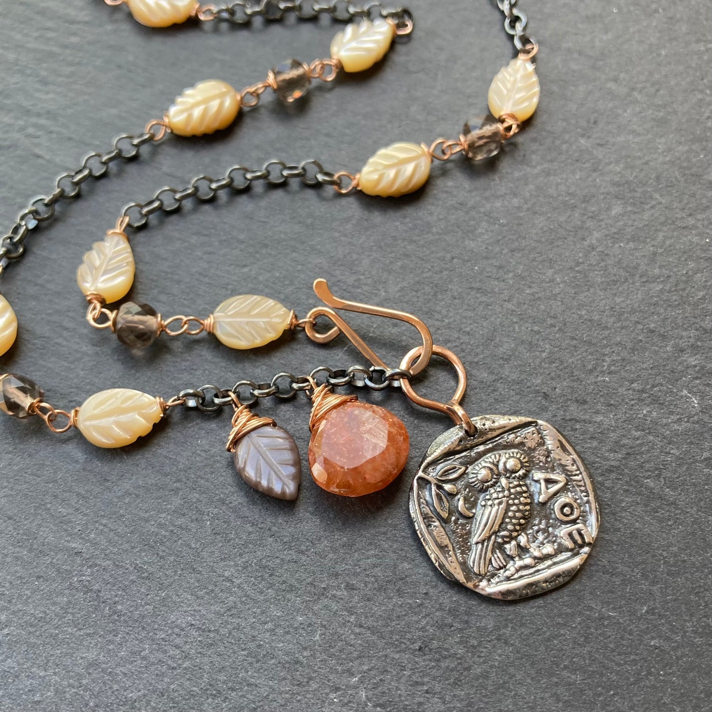 Multi Gemstone & Mixed Metal Athene Noctua Pendant Necklace