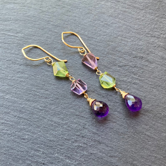 Amethyst, Peridot & Gold Long Drop Earrings