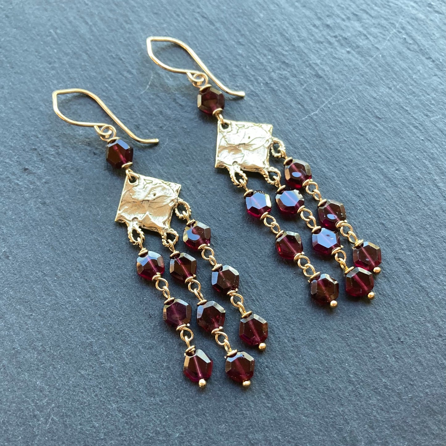 Rhodolite Garnet, Gold & Bronze Long Fringe Earrings