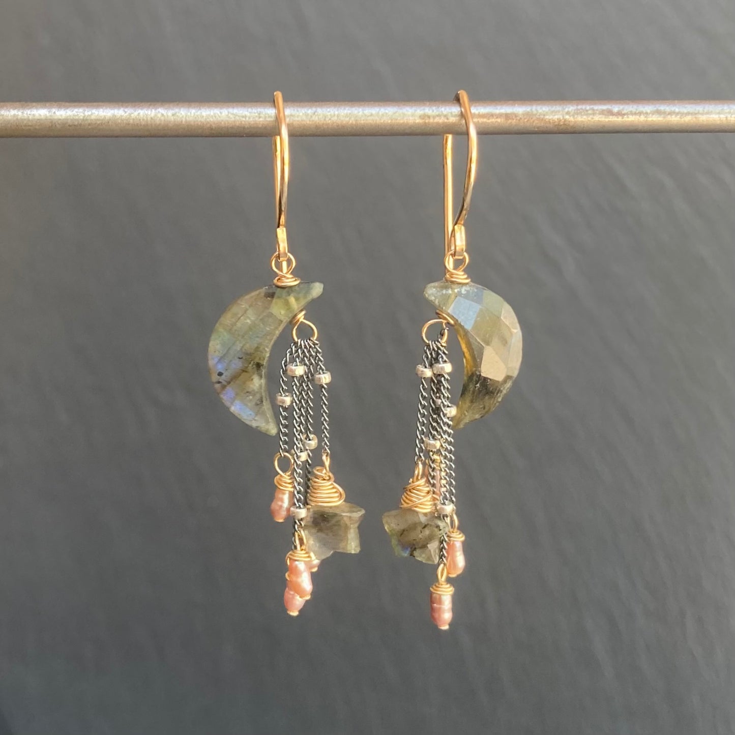 Labradorite, Mauve Pearl & Mixed Metal Crow Moon Earrings
