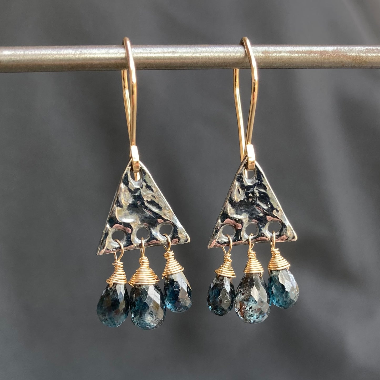 Moss Kyanite & Mixed Metal Triangle Fringe Earrings