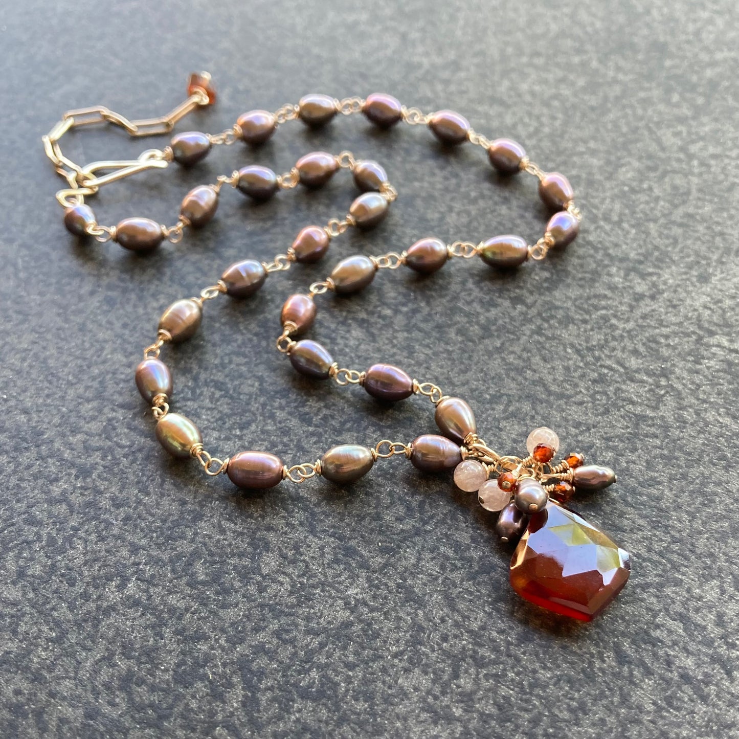 Hessonite, Tahitian Pearl & Gold Pendant Necklace