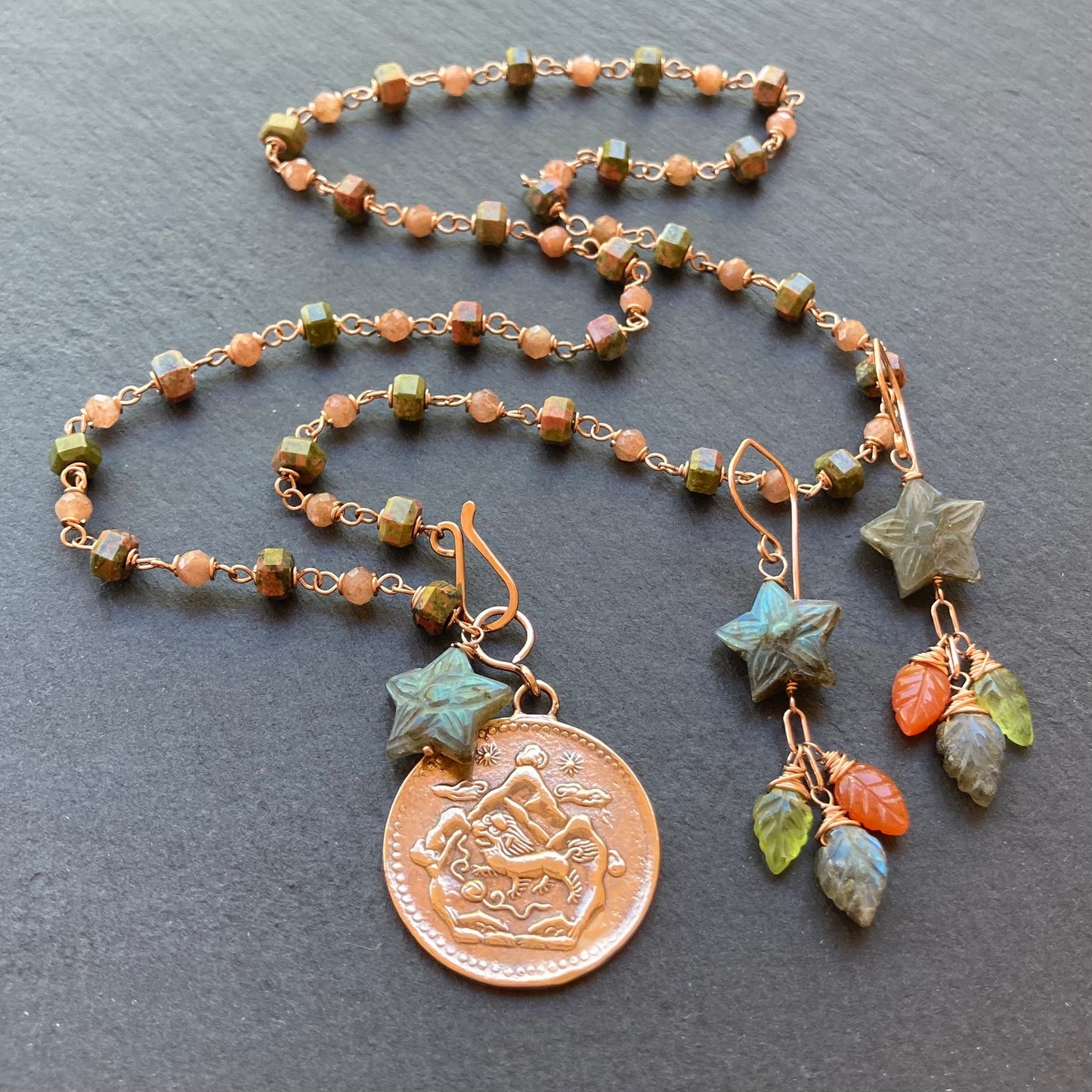 Unakite, Sunstone, Rose Gold & Red Bronze Tibetan Snow Lion Coin Necklace