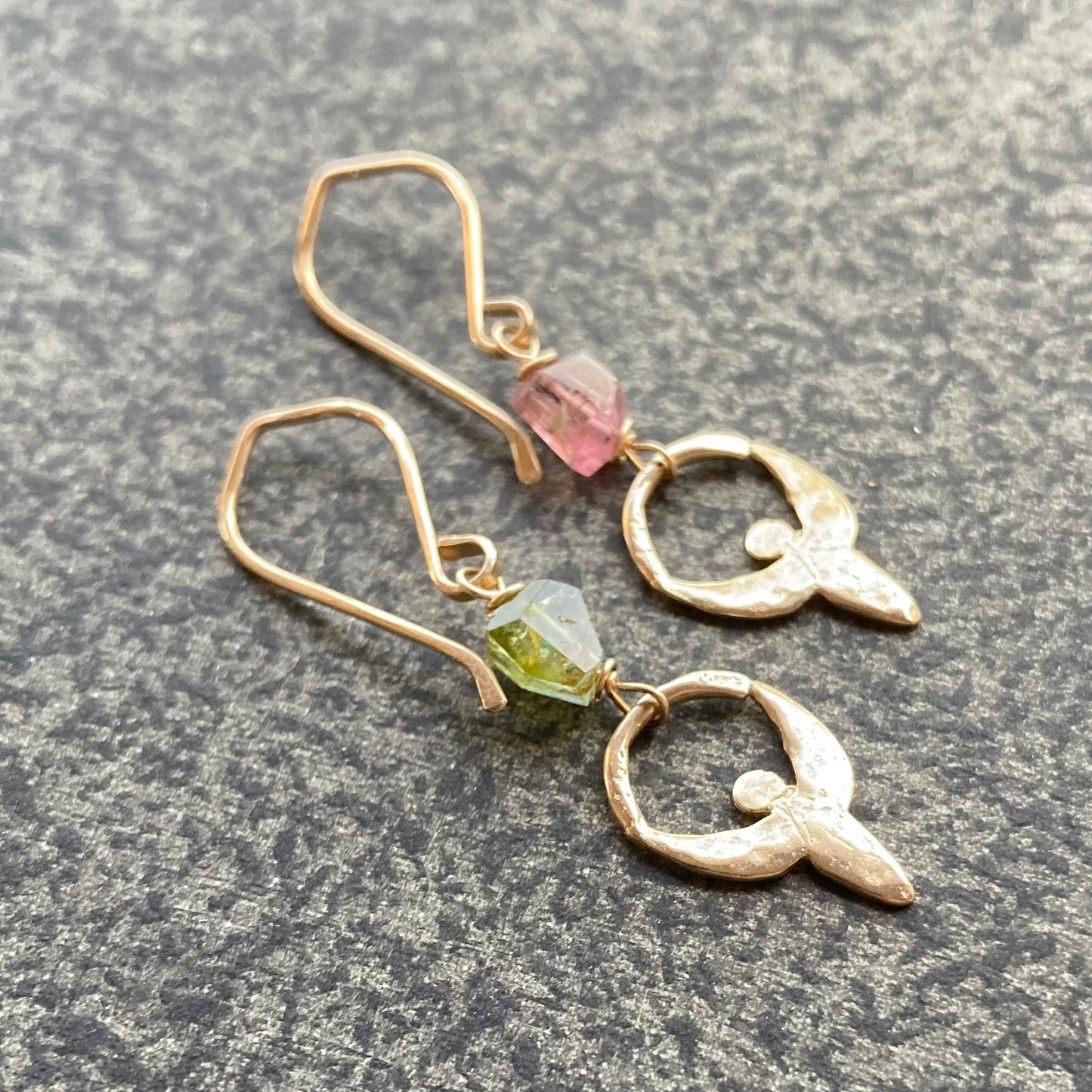 Watermelon Tourmaline, Gold & Bronze Goddess Earrings