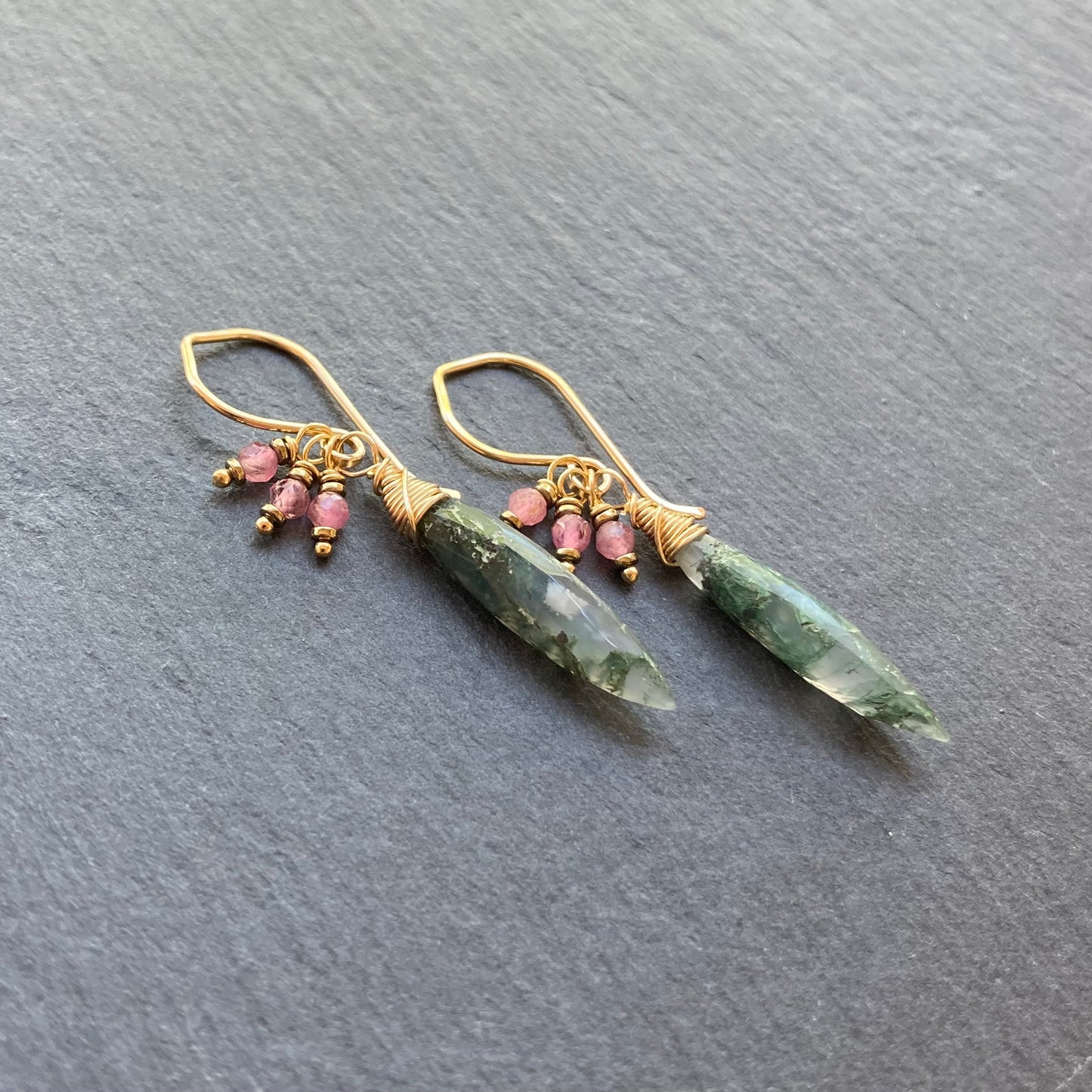 Moss Agate, Pink Tourmaline & Gold Marquis Earrings