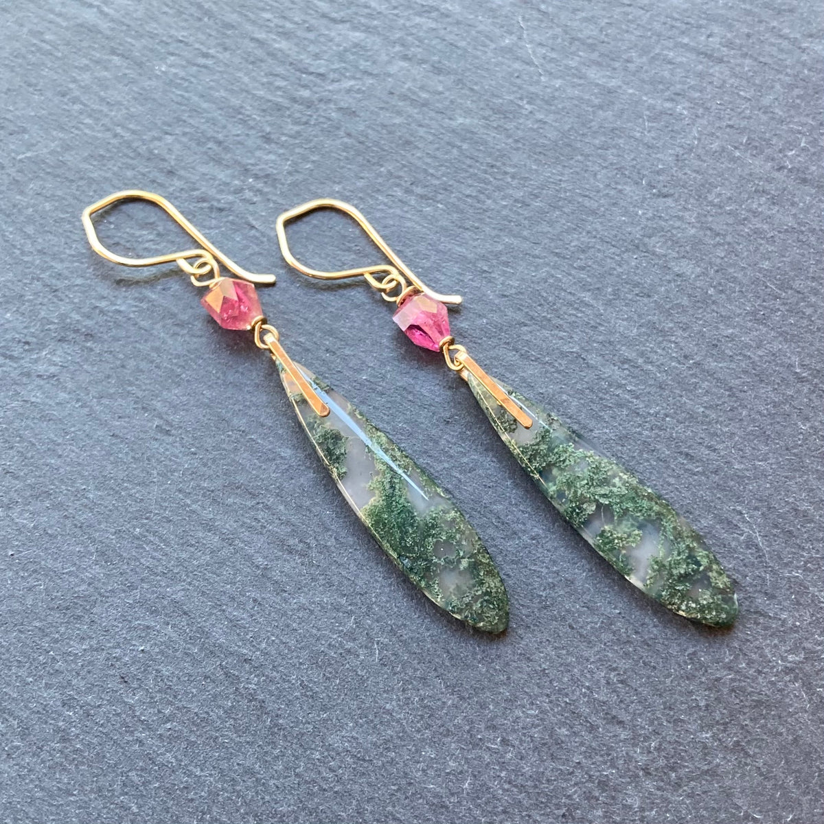 Moss Agate, Pink Tourmaline & Gold Long Drop Earrings