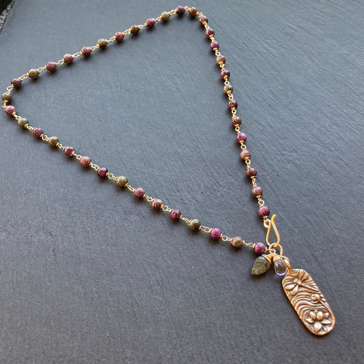 Atlantisite Stichtite, Gold & Bronze Dragonfly Lily Pendant Necklace