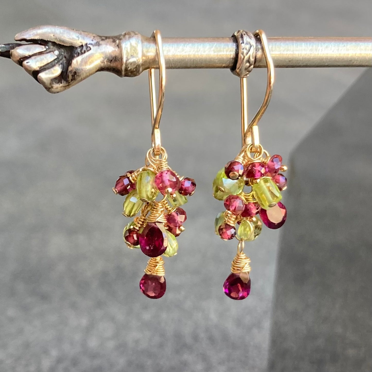 Peridot, Rhodolite, Rubelite & Gold Cascade Earrings