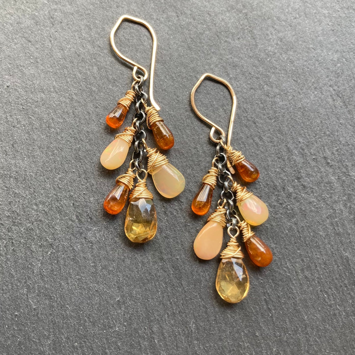 Orange Kyanite, Ethiopian Opal, Citrine & Mixed Metal Cascade Earrings