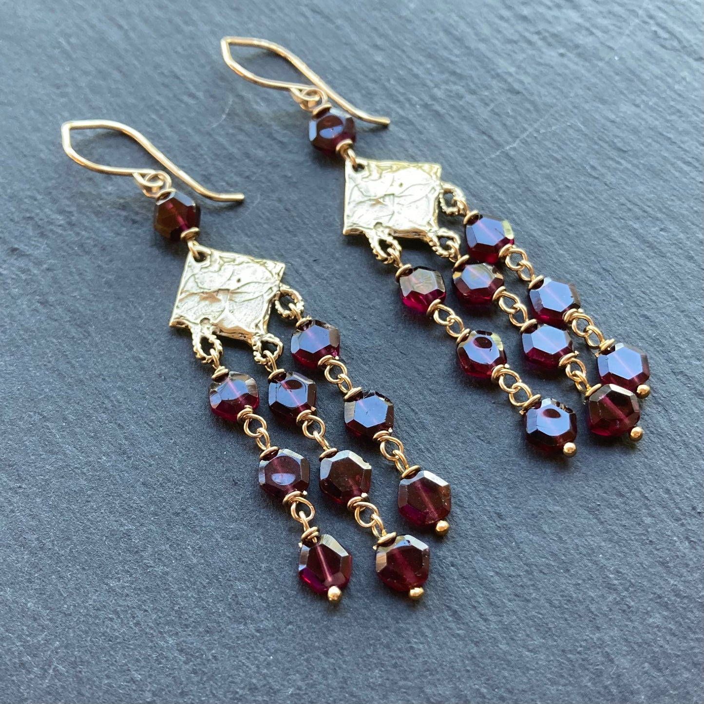 Rhodolite Garnet, Gold & Bronze Long Fringe Earrings