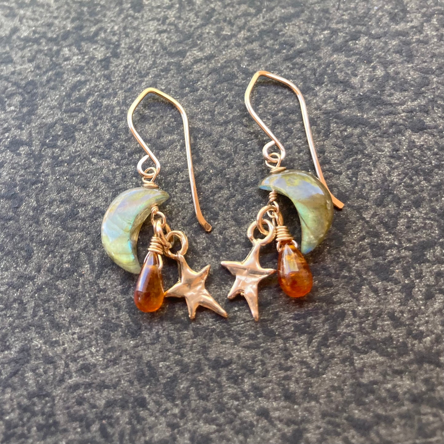 Labradorite, Orange Kyanite & Mixed Metal Moon Drops Earrings