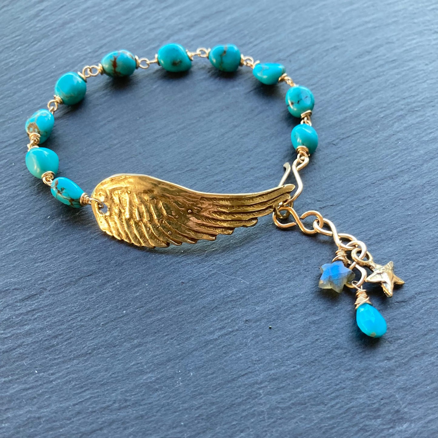 Turquoise, Gold & Bronze Winged Goddess Bracelet