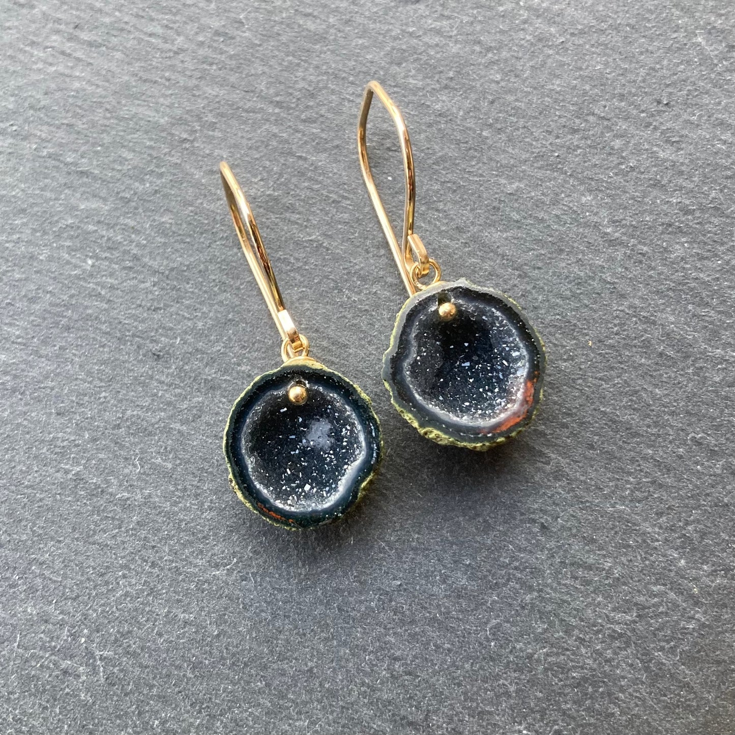 Black Druzy Tabasco Geode & Gold Earrings