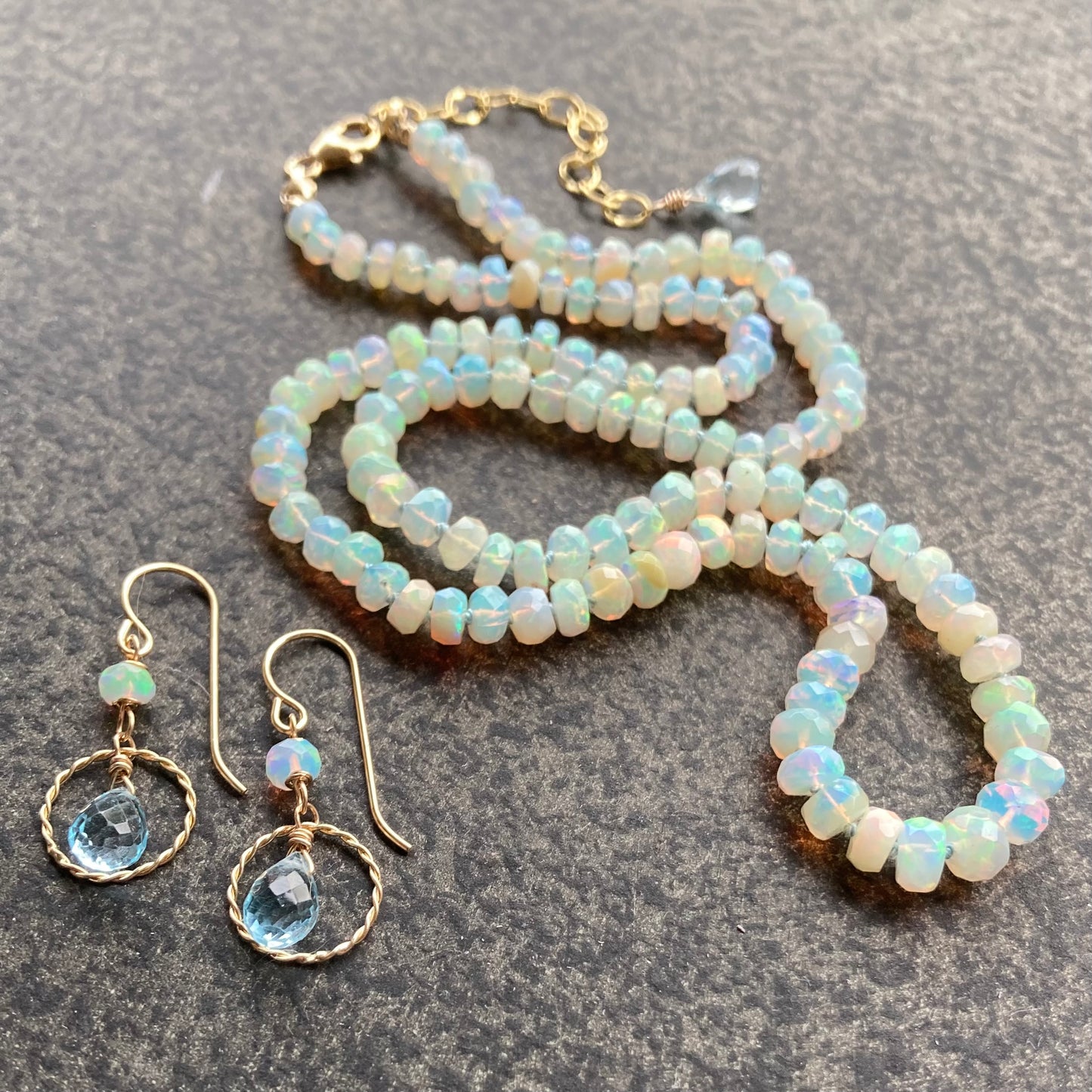 Blue Topaz, Ethiopian Opal & Gold Twisted Hoops