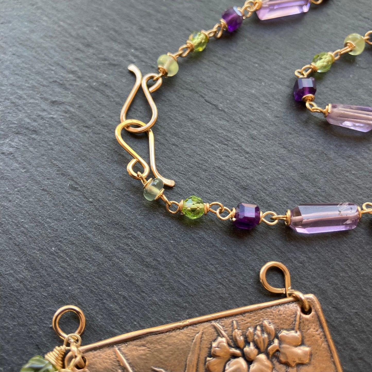 Amethyst, Peridot, Gold & Bronze Iris Pendant Necklace