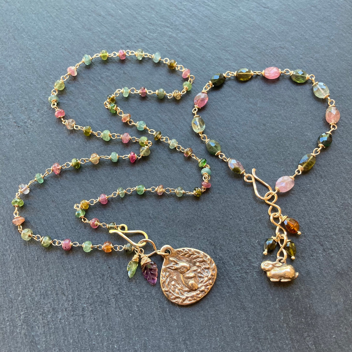Tourmaline, Gold & Bronze Bunny Charm Bracelet
