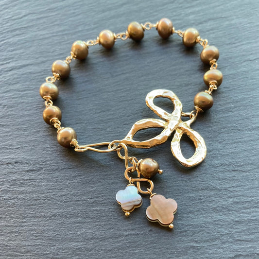 Mocha Freshwater Pearl, Gold & Bronze Fleur di Lis Charm Bracelet