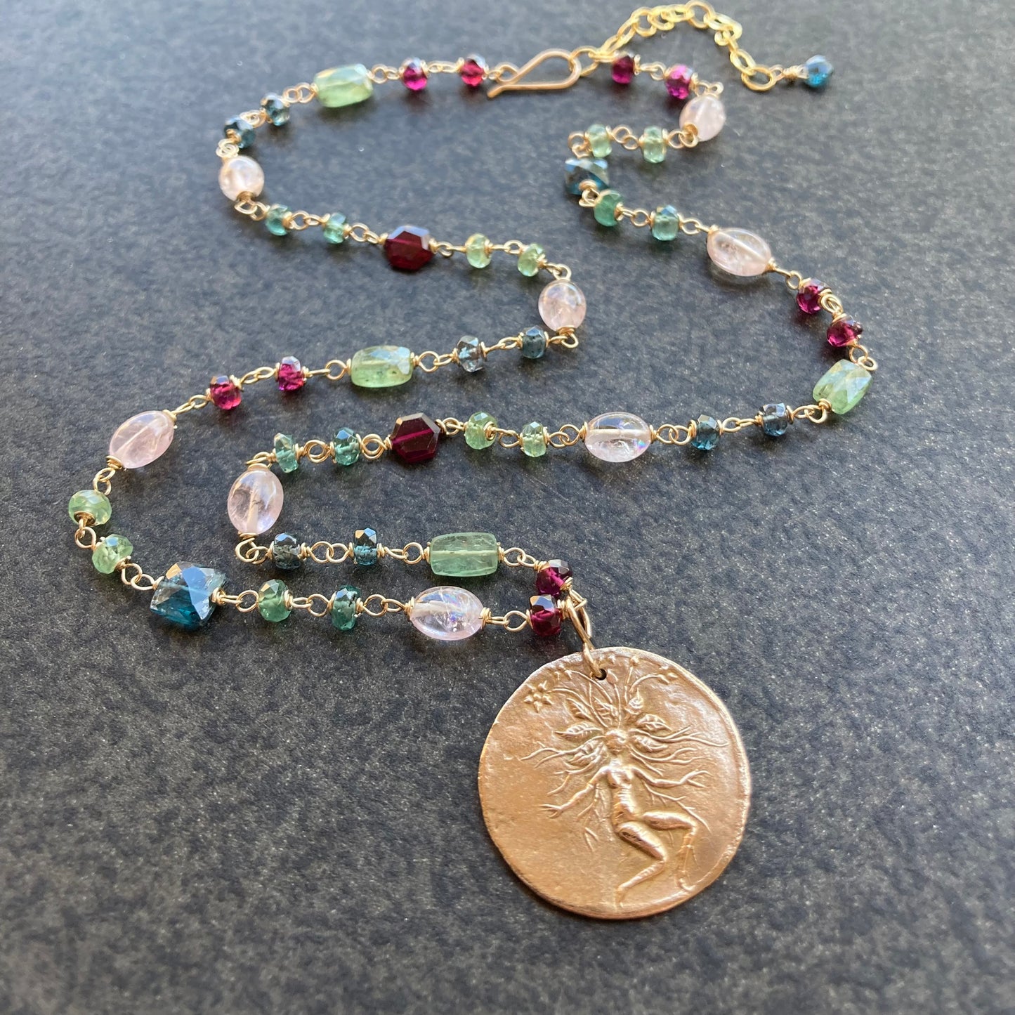 Multi Gemstone, Gold & Bronze Magical Mandrake Coin Necklace