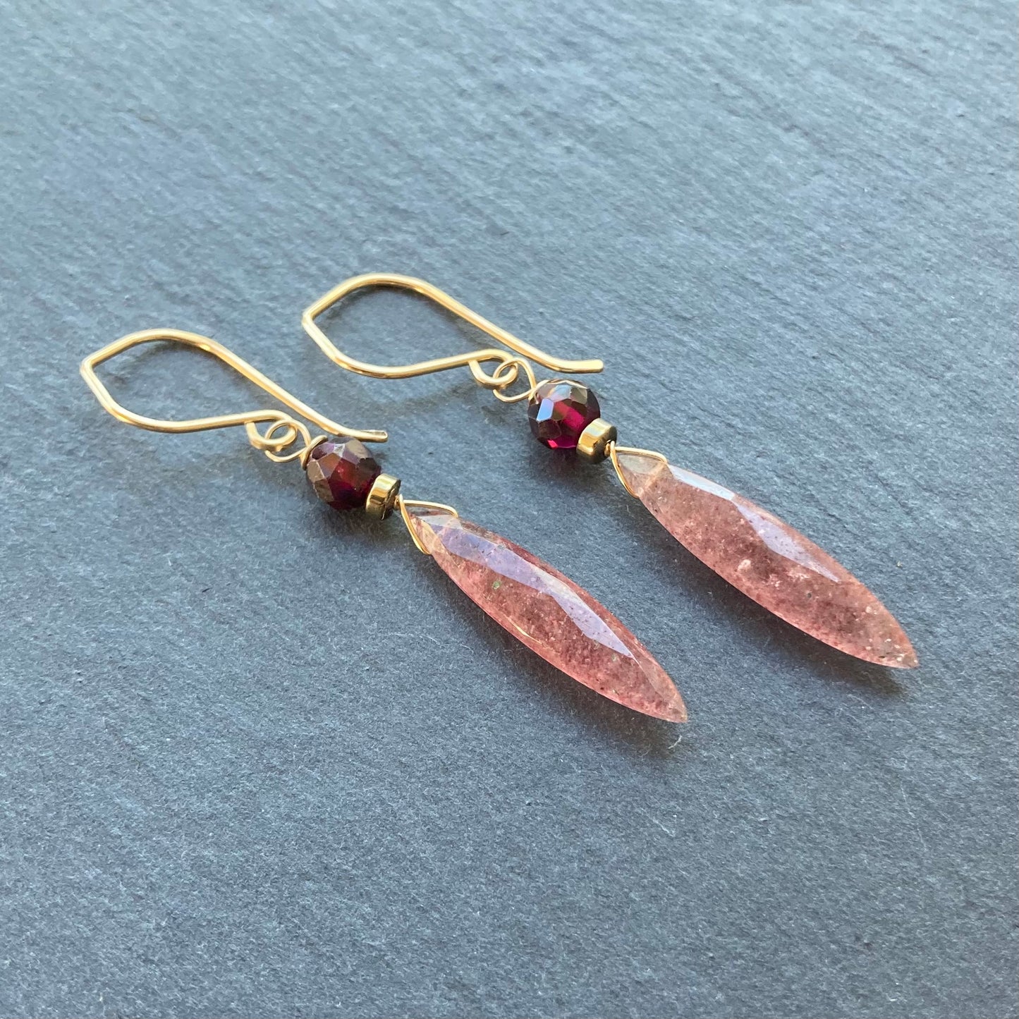 Strawberry Quartz, Rhodolite Garnet & Gold Earrings