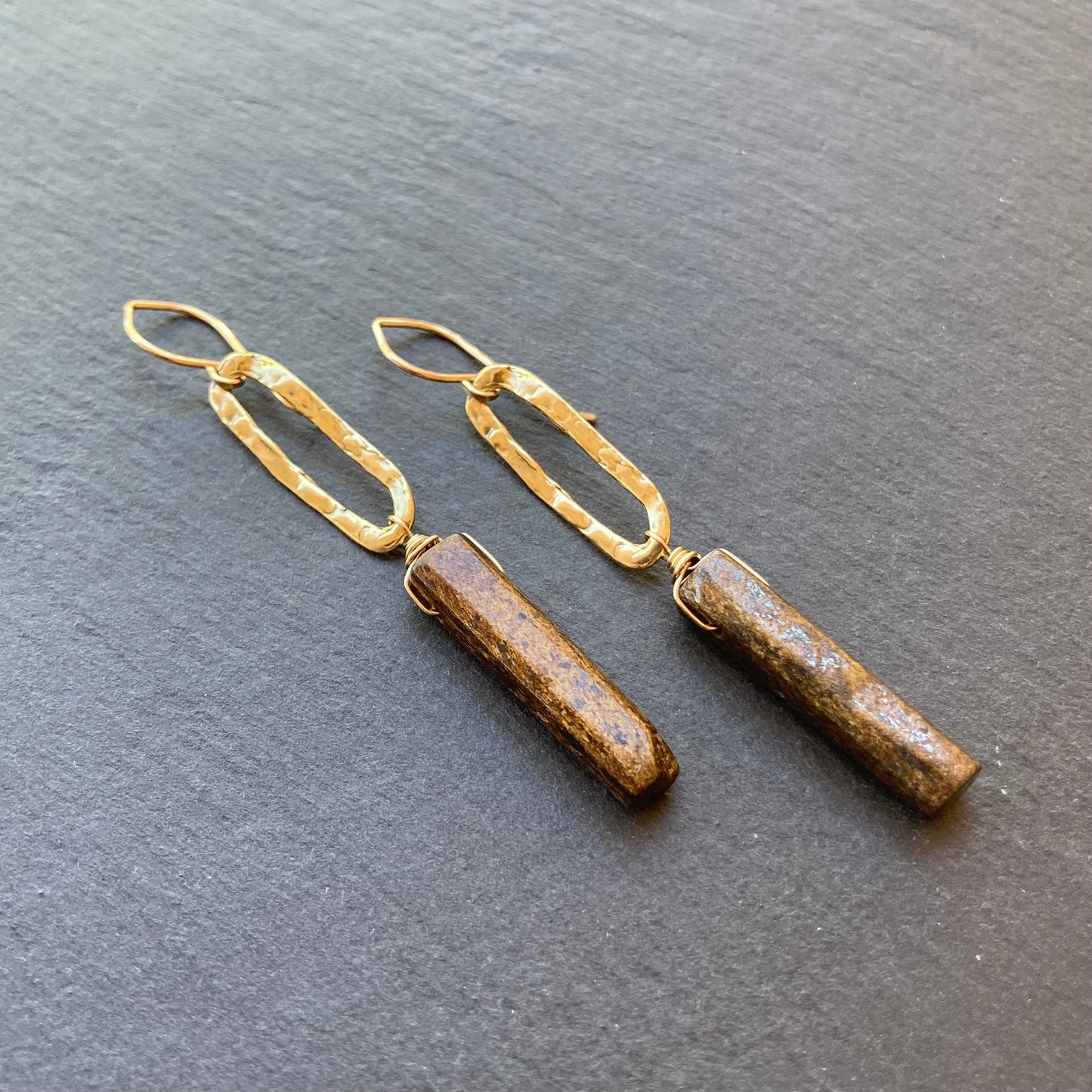 Bronzite, Gold & Bronze Long Drop Earrings