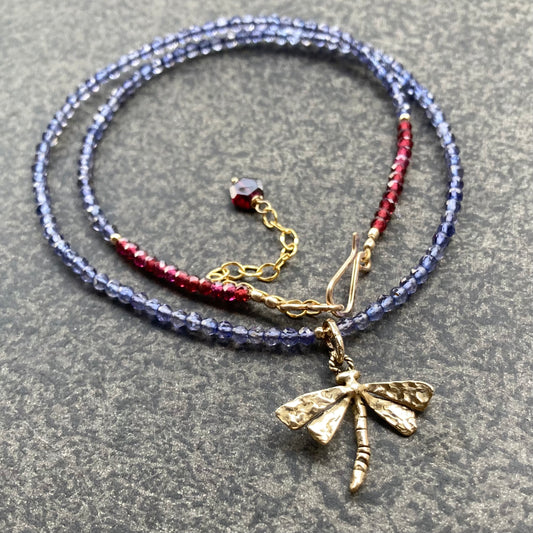 Iolite, Rhodolite Garnet & Bronze Dragonfly Pendant Choker