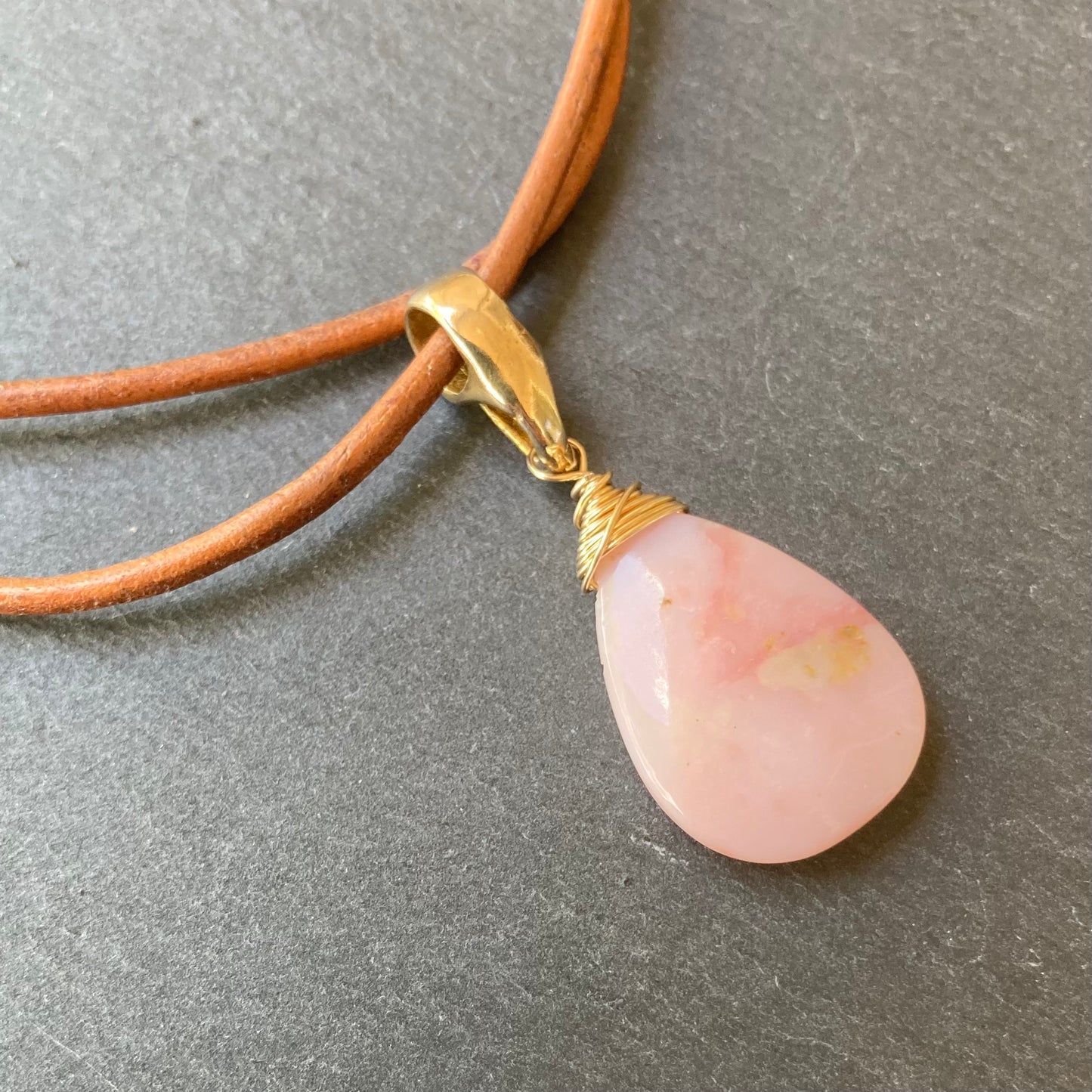 Pink Opal & Bronze Leather Choker
