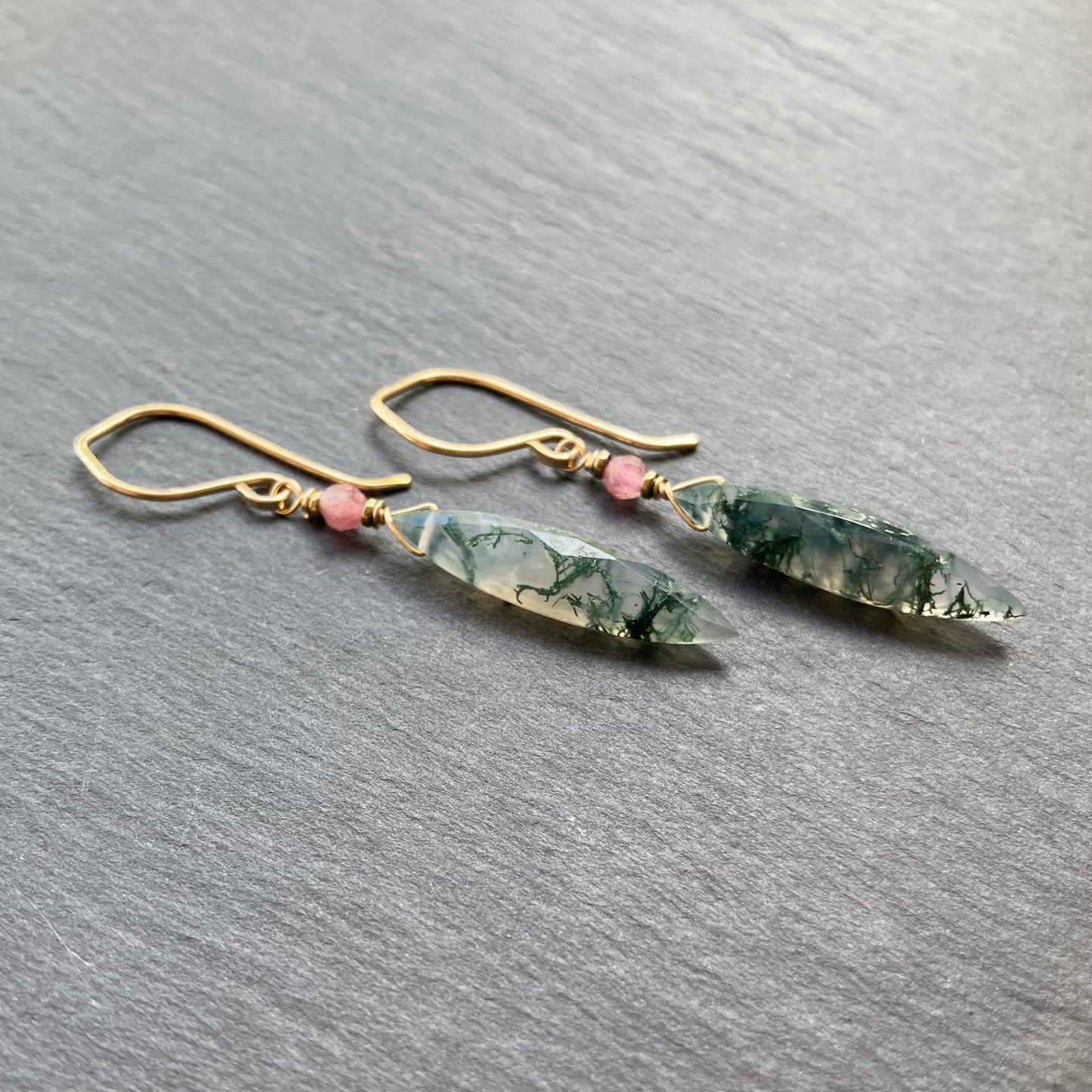 Moss Agate & Gold Marquis Earrings