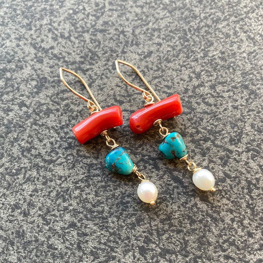 Vintage Coral, Turquoise, Freshwater Pearl & Gold Earrings