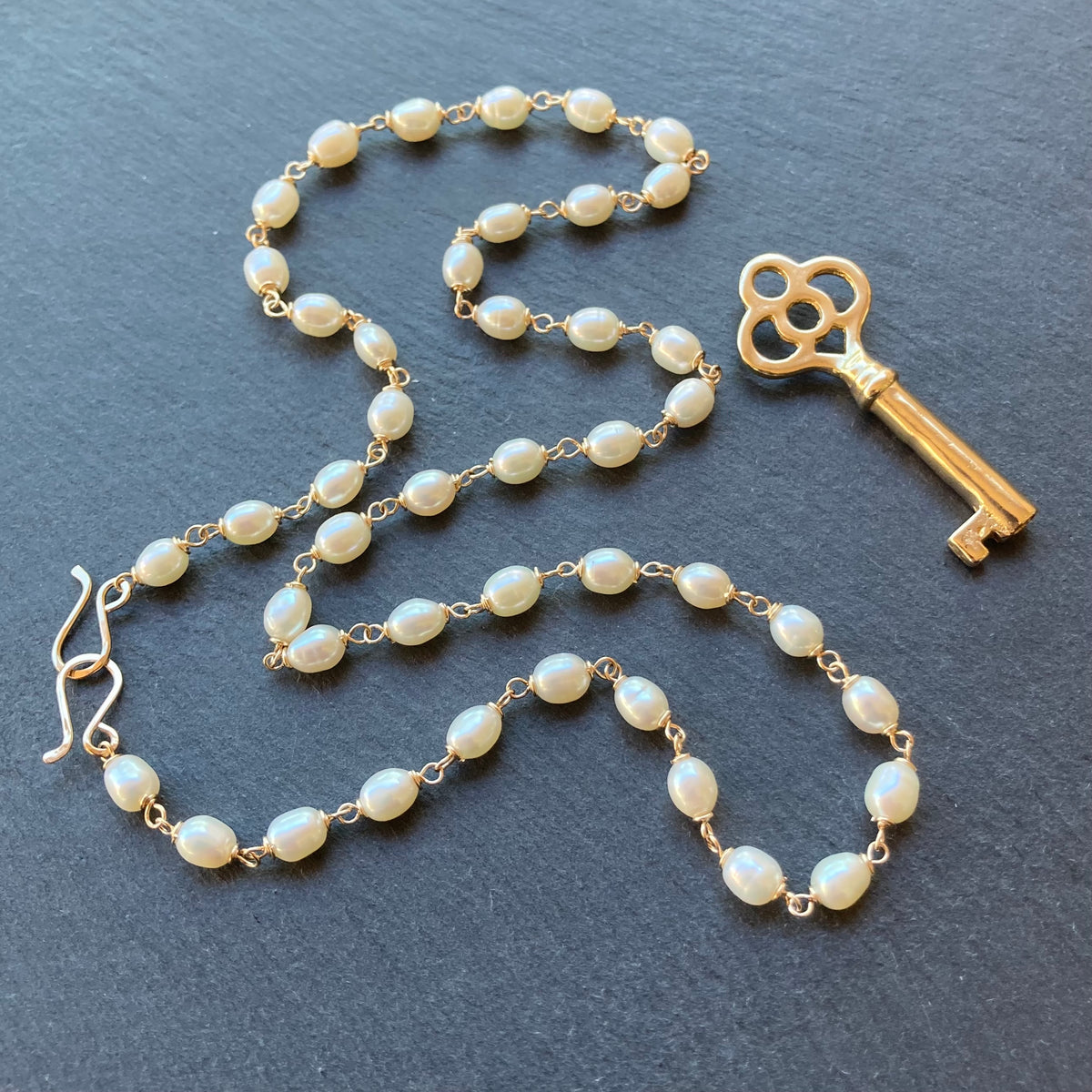 Freshwater Pearl, Gold & Bronze Skeleton Key Convertible Pendant Necklace