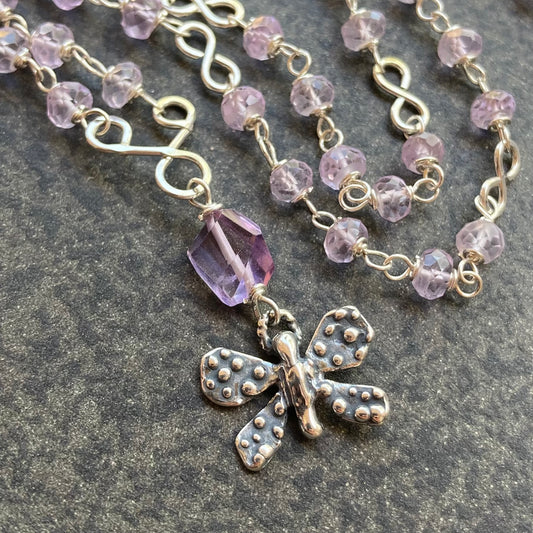 Pink Amethyst & Sterling Silver Butterfly Infinity Necklace