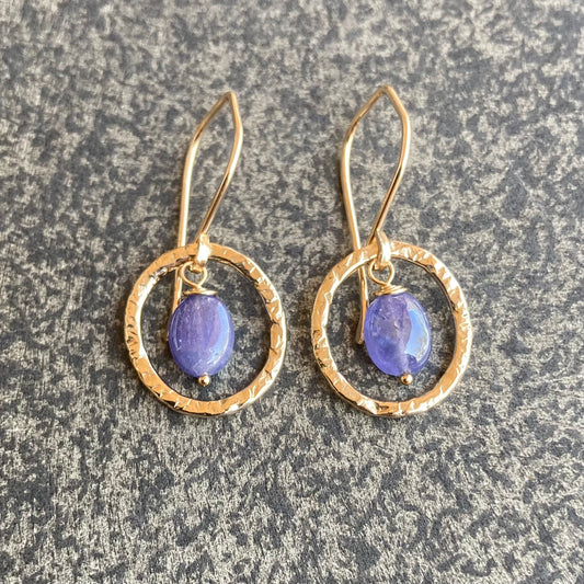 Tanzanite, Gold & Bronze Textured Hoops