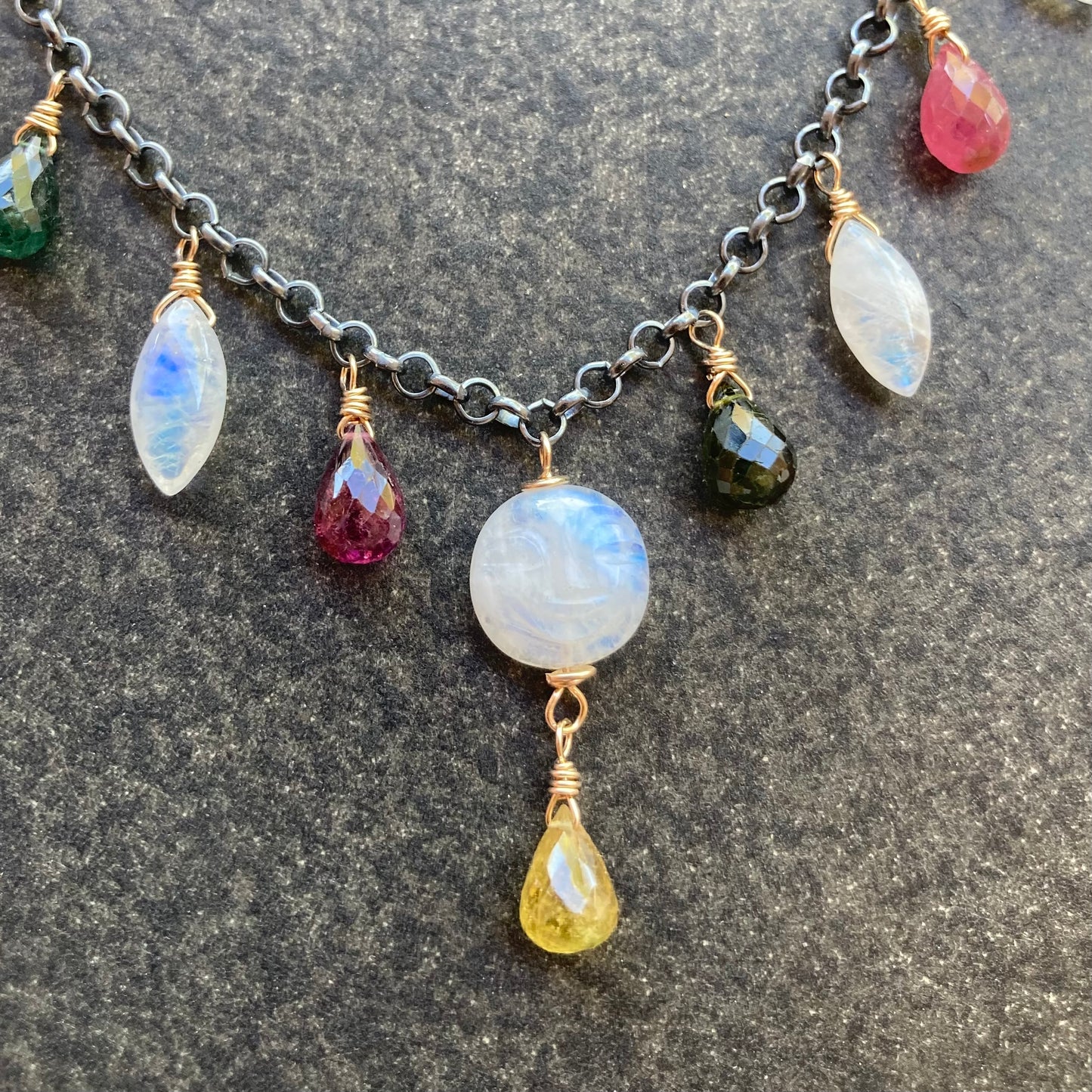 Rainbow Moonstone, Multicolor Tourmaline & Mixed Metal Full Moon Charm Choker