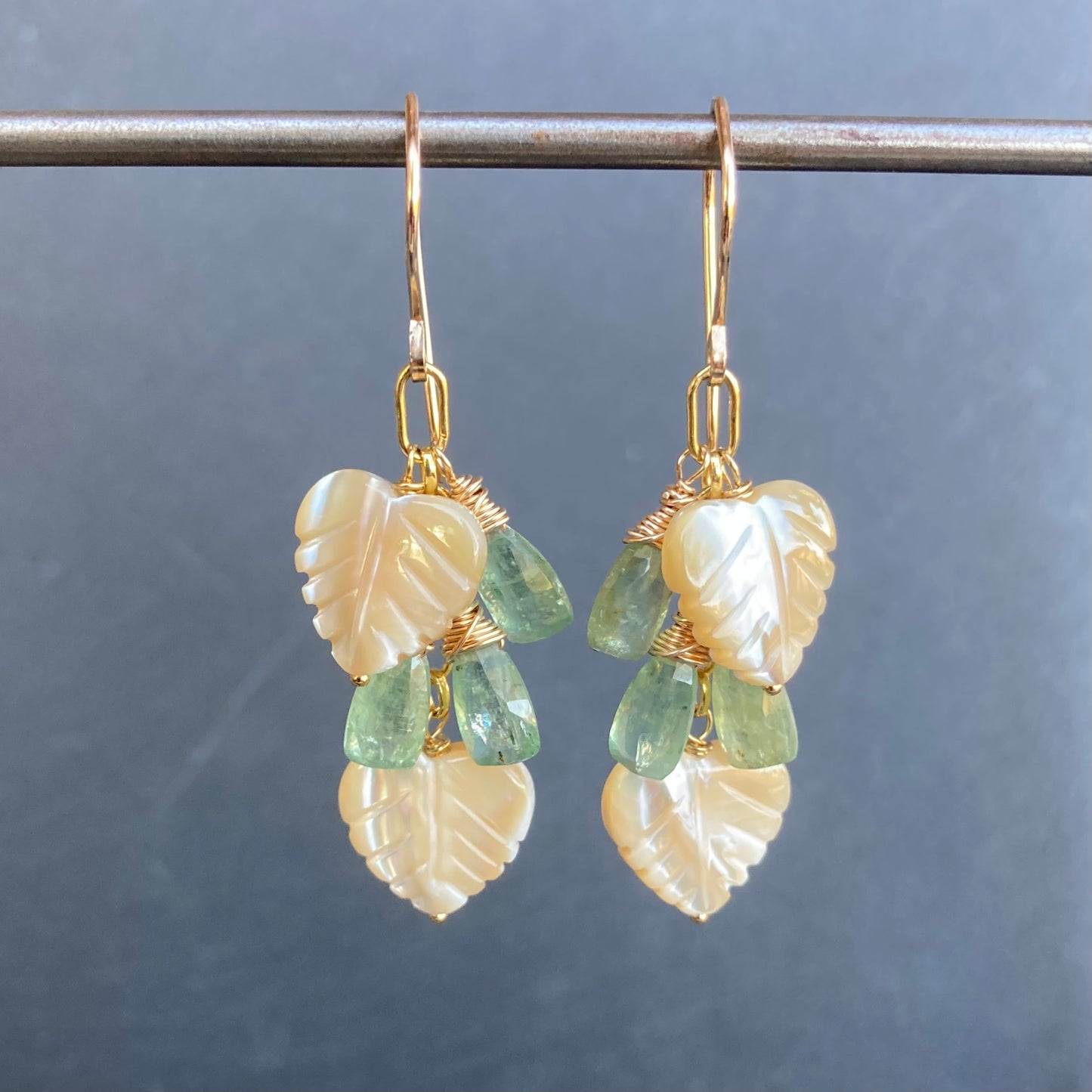 Mother of Pearl, Green Kyanite & Gold Palm Heart Earrings