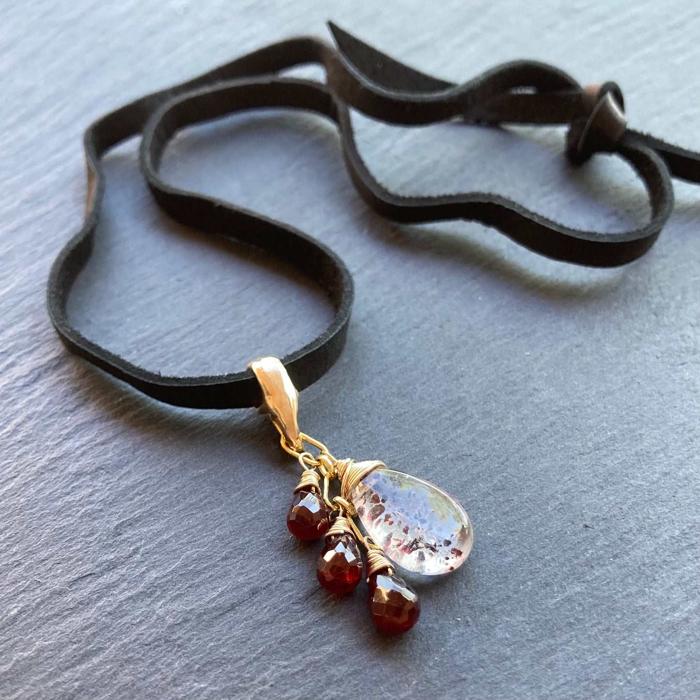 Lepidocrocite, Mozambique Garnet, Gold & Bronze Deertan Leather Choker