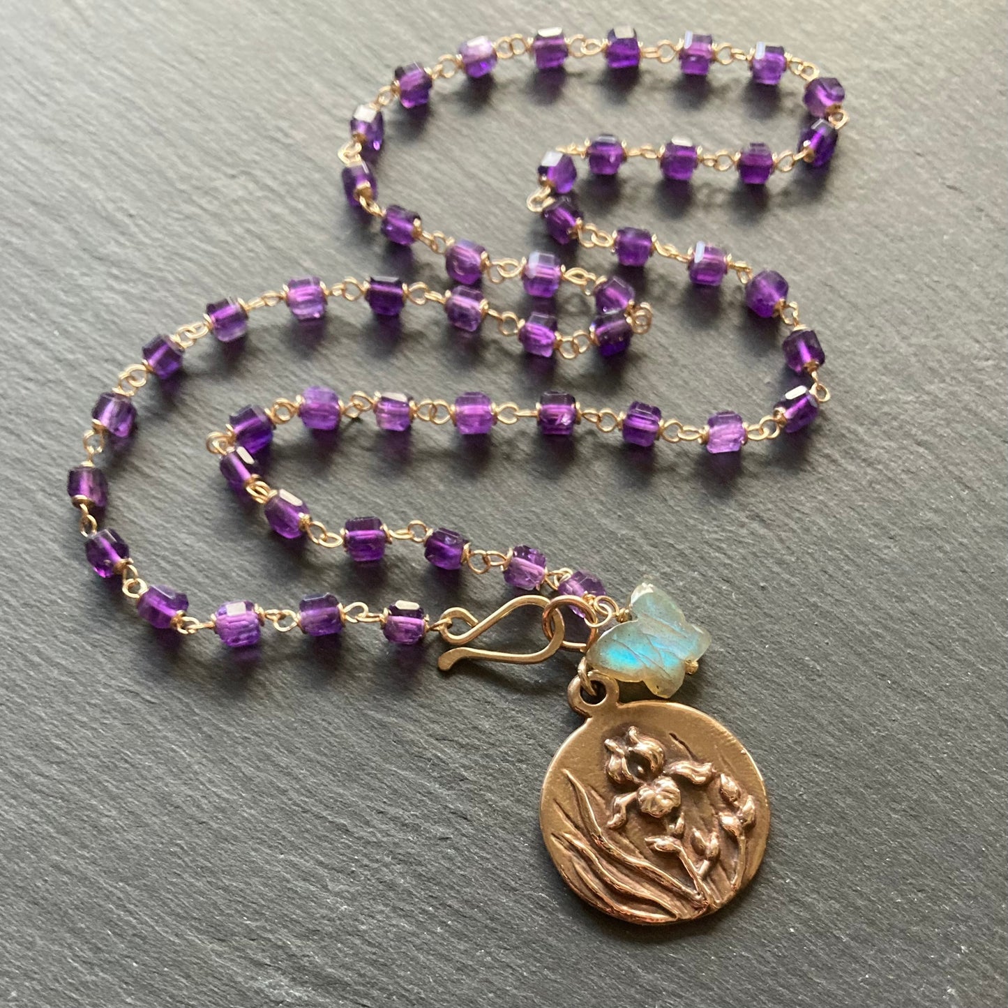 Amethyst, Gold & Bronze Iris Coin Necklace